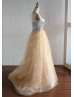 Silver Sequin Champagne Tulle Beaded Long Prom Dress